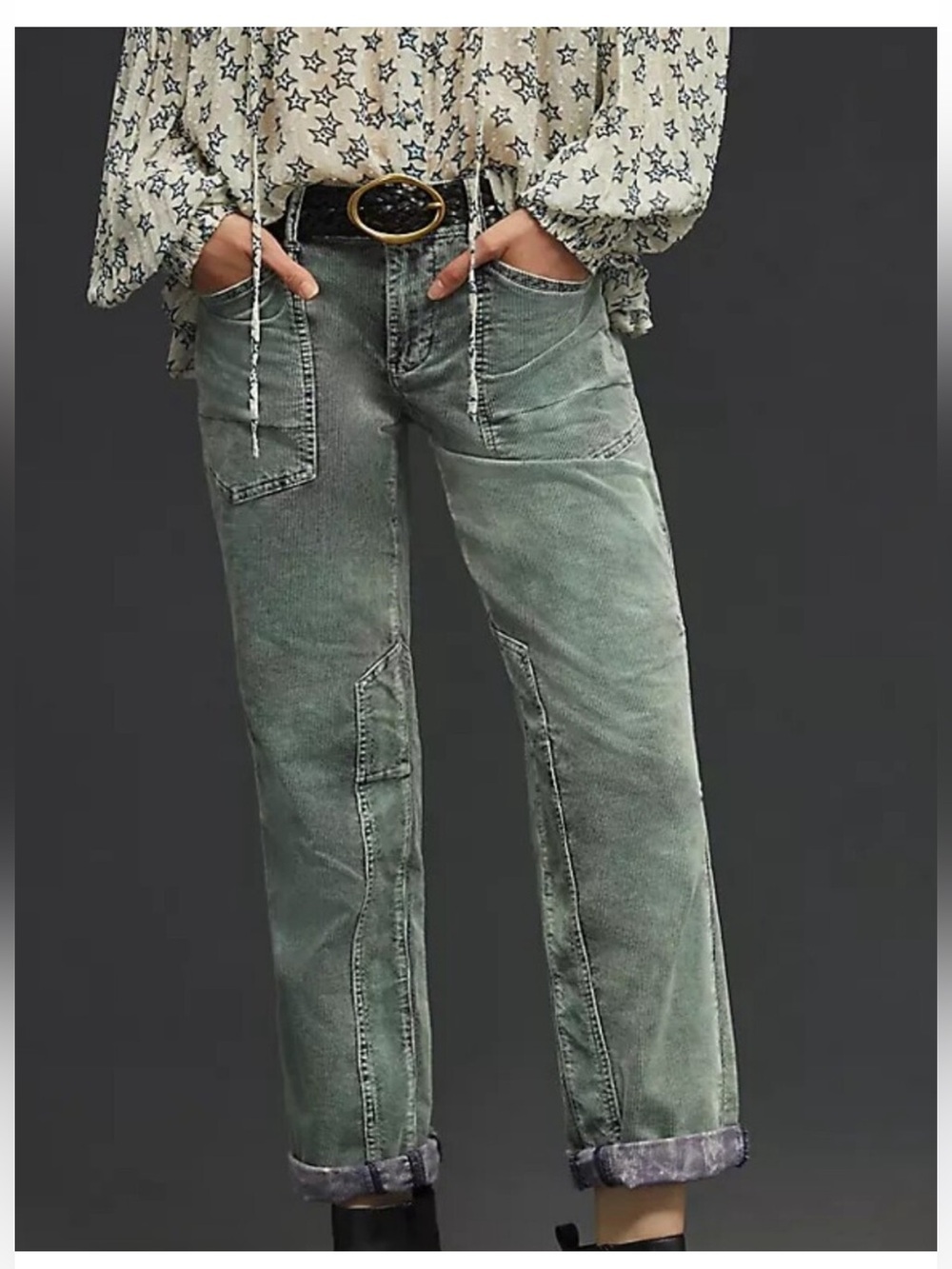 NWT Pilcro Anthropologie the Wanderer Patchwork Corduroy Pant Washed Blue Green